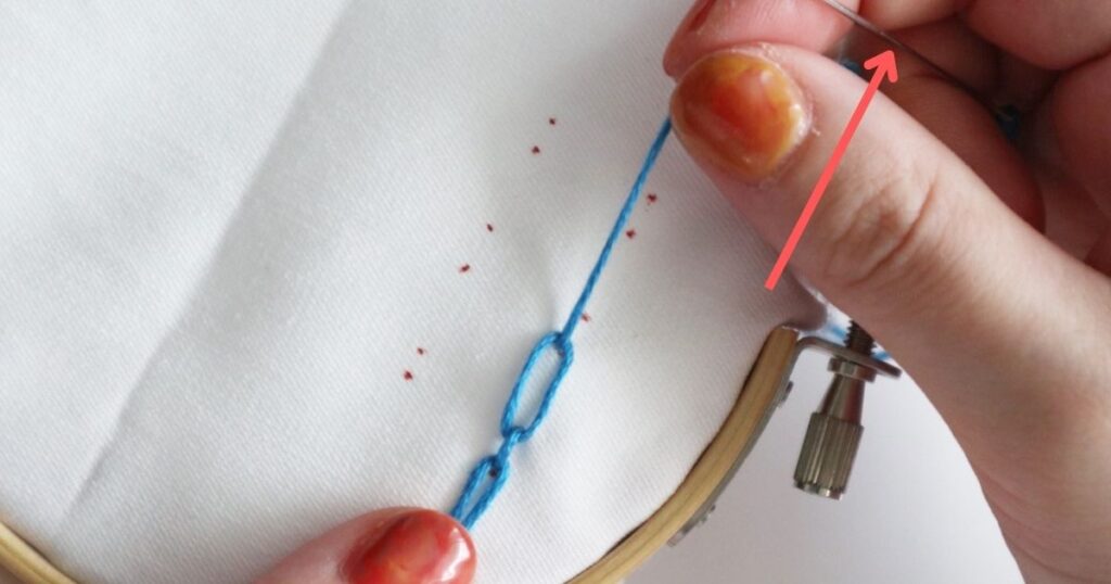 ケーブルチェーンステッチの縫い方、糸を引く方向